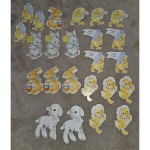 VTG 24 Die Cut Easter Decoration Lot Double Sided Bunny Chick Duck Lamb READ